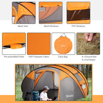 Outsunny 4-5 Person Pop-up Camping Tent Waterproof Family Tent w/ 2 Mesh Windows & PVC Windows Portable Carry Bag for Outdoor Trip, Orange