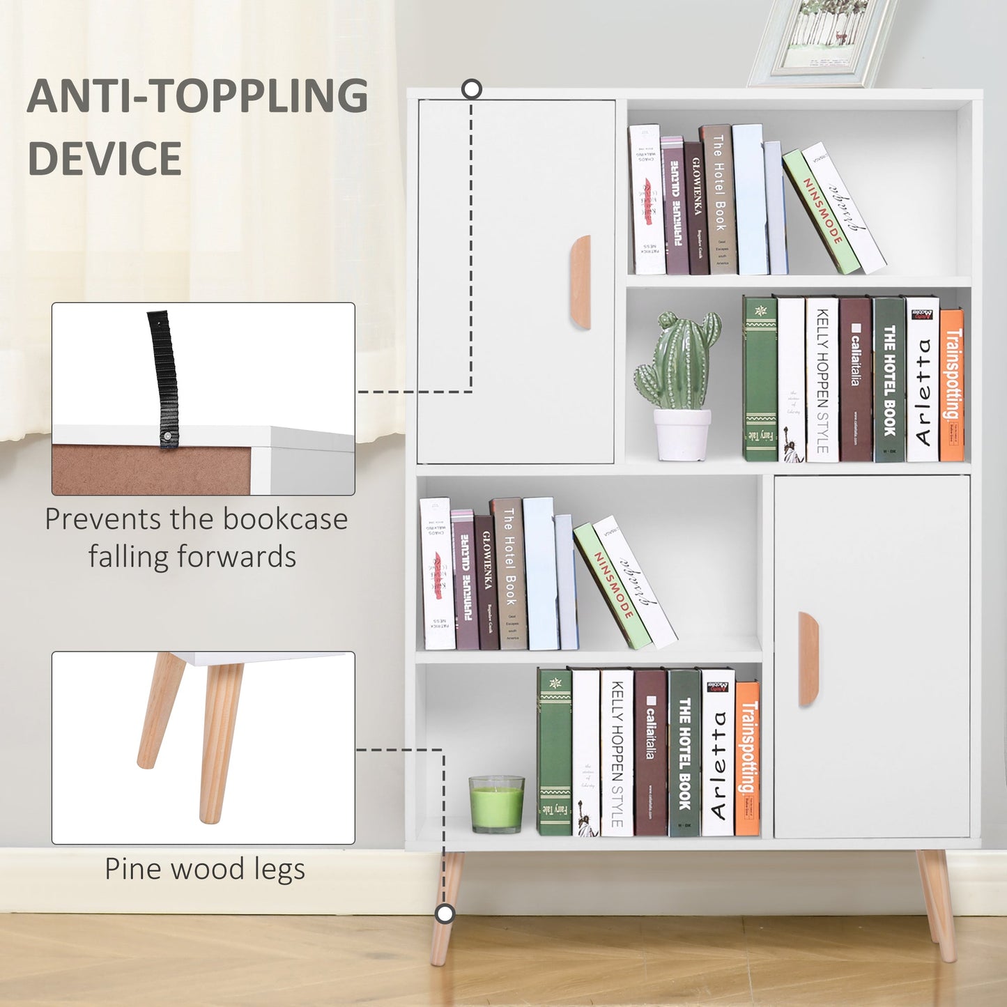 HOMCOM Sideboard Bookshelf Free Standing Bookcase Shelves Unit Display Storage Cabinet w/ Adjustable Shelves, Wooden Leg, Two Doors, White