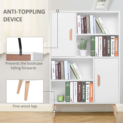 HOMCOM Sideboard Bookshelf Free Standing Bookcase Shelves Unit Display Storage Cabinet w/ Adjustable Shelves, Wooden Leg, Two Doors, White