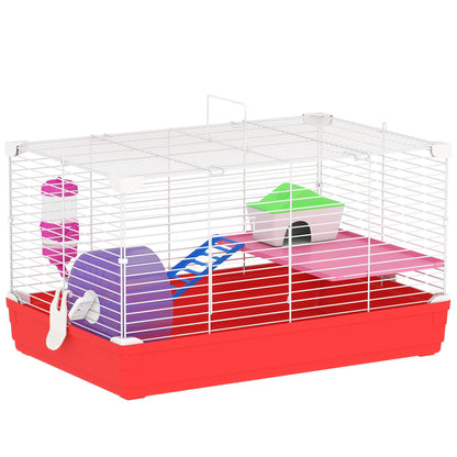PawHut Hamster Cage, Small Gerbil Cage 2 Tiers Portable w/ Handle, Exercise Wheel, Water Bottle, Dishes