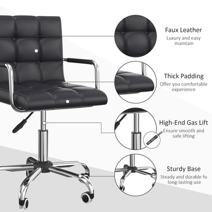 Vinsetto Mid Back PU Leather Home Office Desk Chair Swivel Computer Chair with Arm, Wheels, Adjustable Height, Black