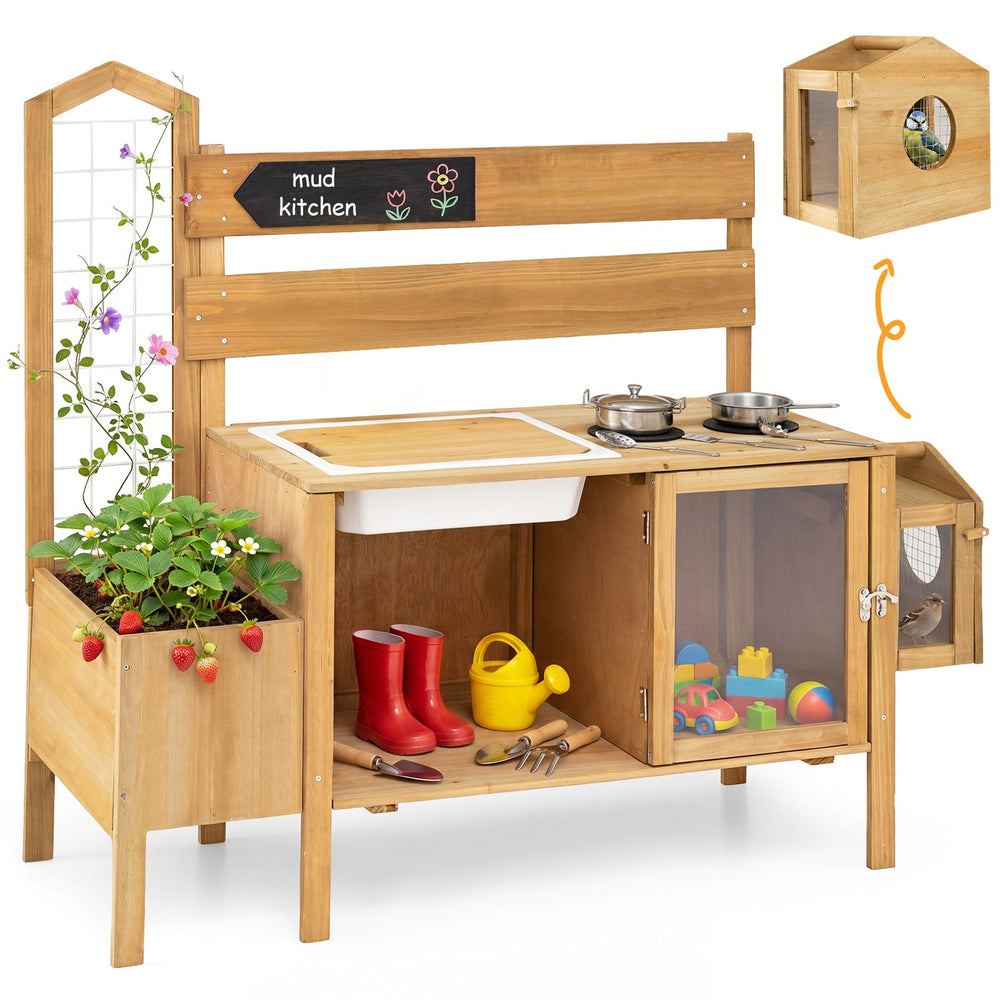 Mud Kitchen for Kids with Detachable Bird Cage and Planter Box for Toddlers Aged 3+-Natrual