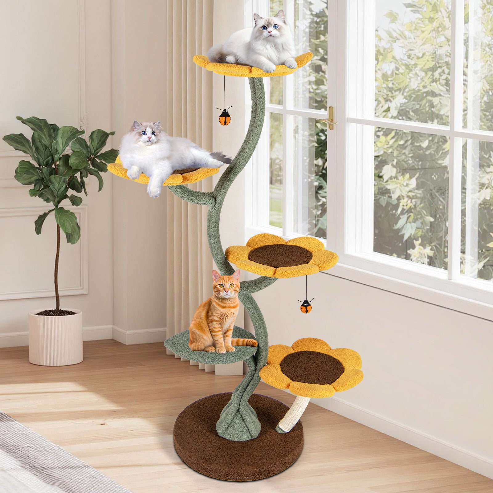 Multi-layer Cat Tower Sunflower Style with 4 Flower-shaped Platforms-Yellow