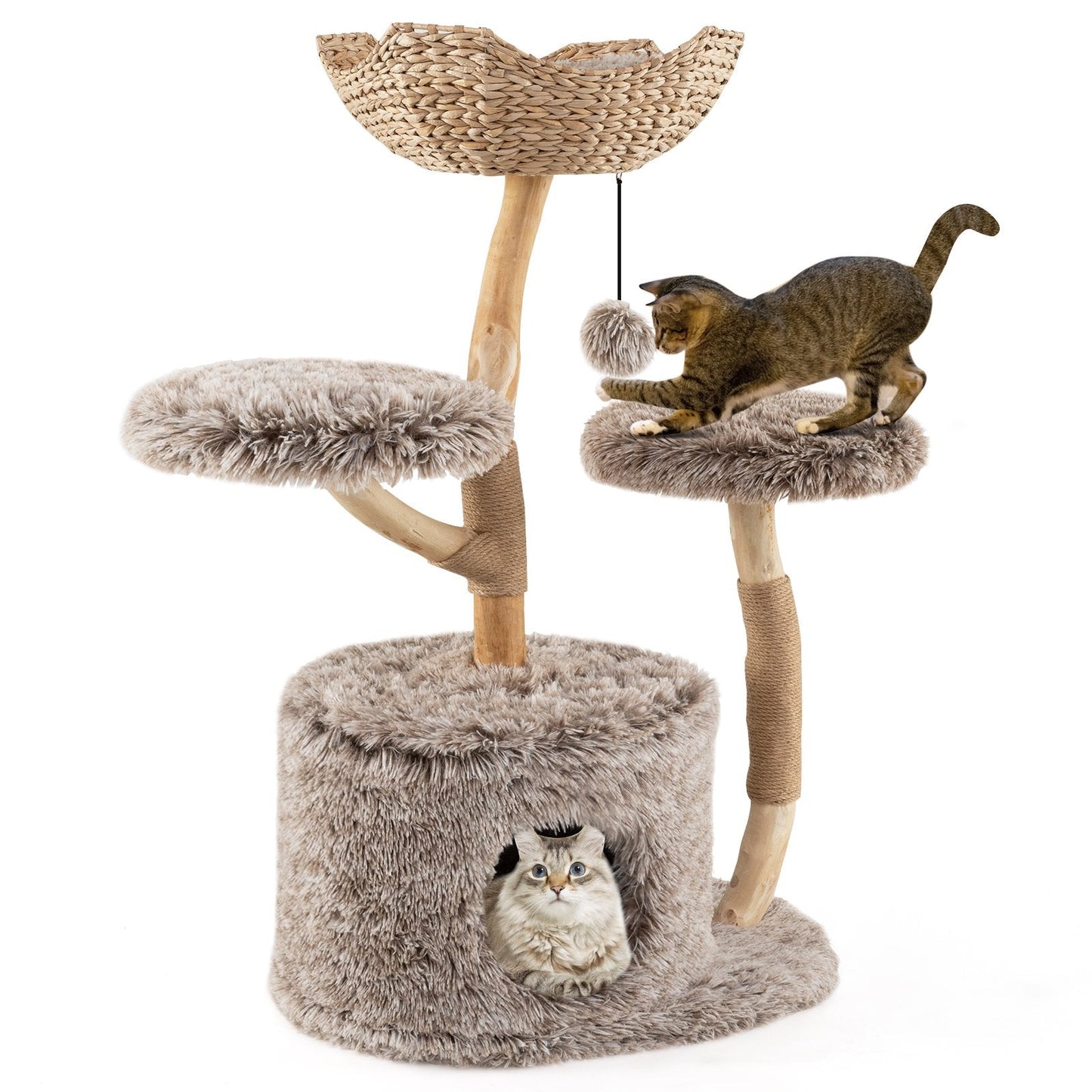 Multi-level Wood Cat Tree Tower Kitten Activity Center with Solid Trunk-Brown