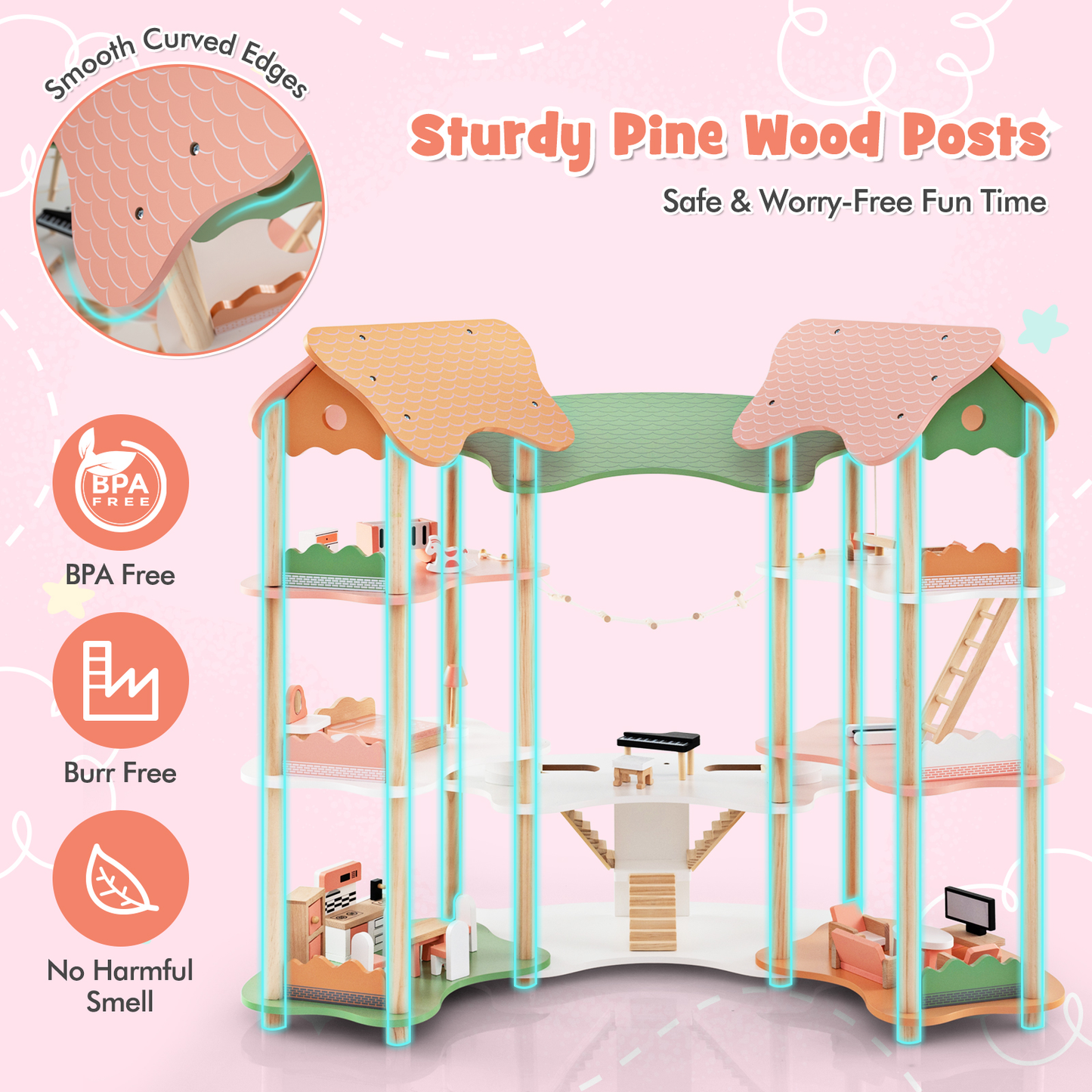 Multi-Layer Wooden Dollhouse Versatile Kids Playhouse Toy with 7-Room-Colourful