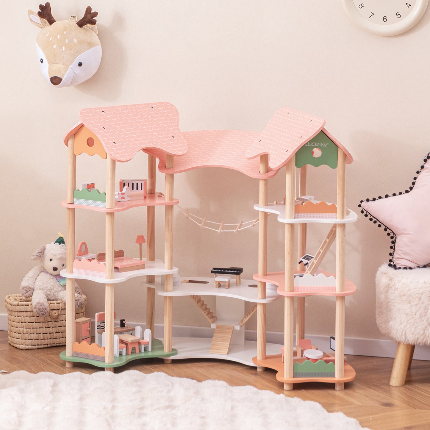 Multi-Layer Wooden Dollhouse Versatile Kids Playhouse Toy with 7-Room-Pink