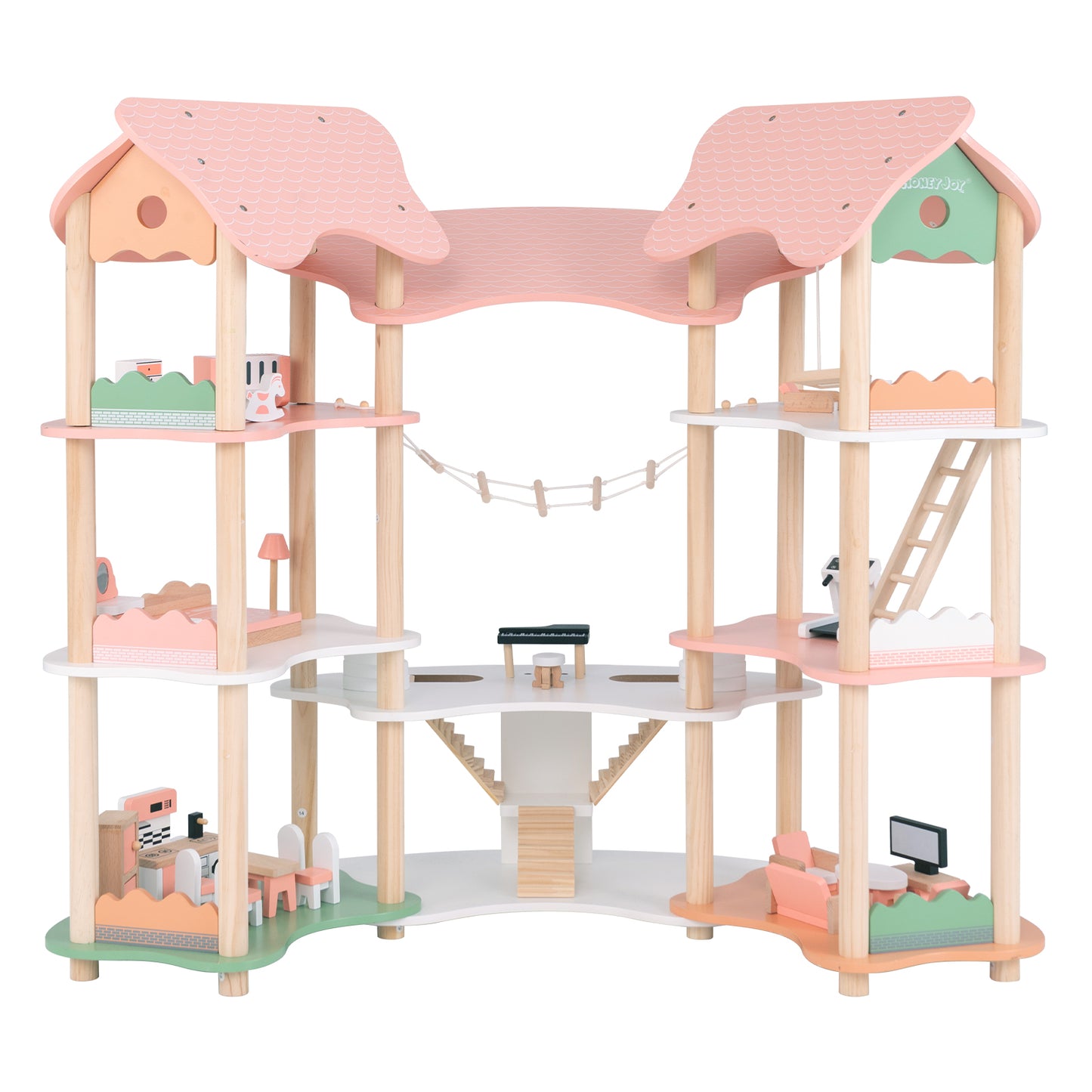 Multi-Layer Wooden Dollhouse Versatile Kids Playhouse Toy with 7-Room-Pink
