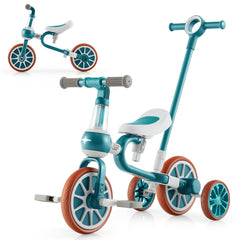 4-in-1 Multifunctional Kids Training Balance Trike wih Adjustable Push Handle-Green