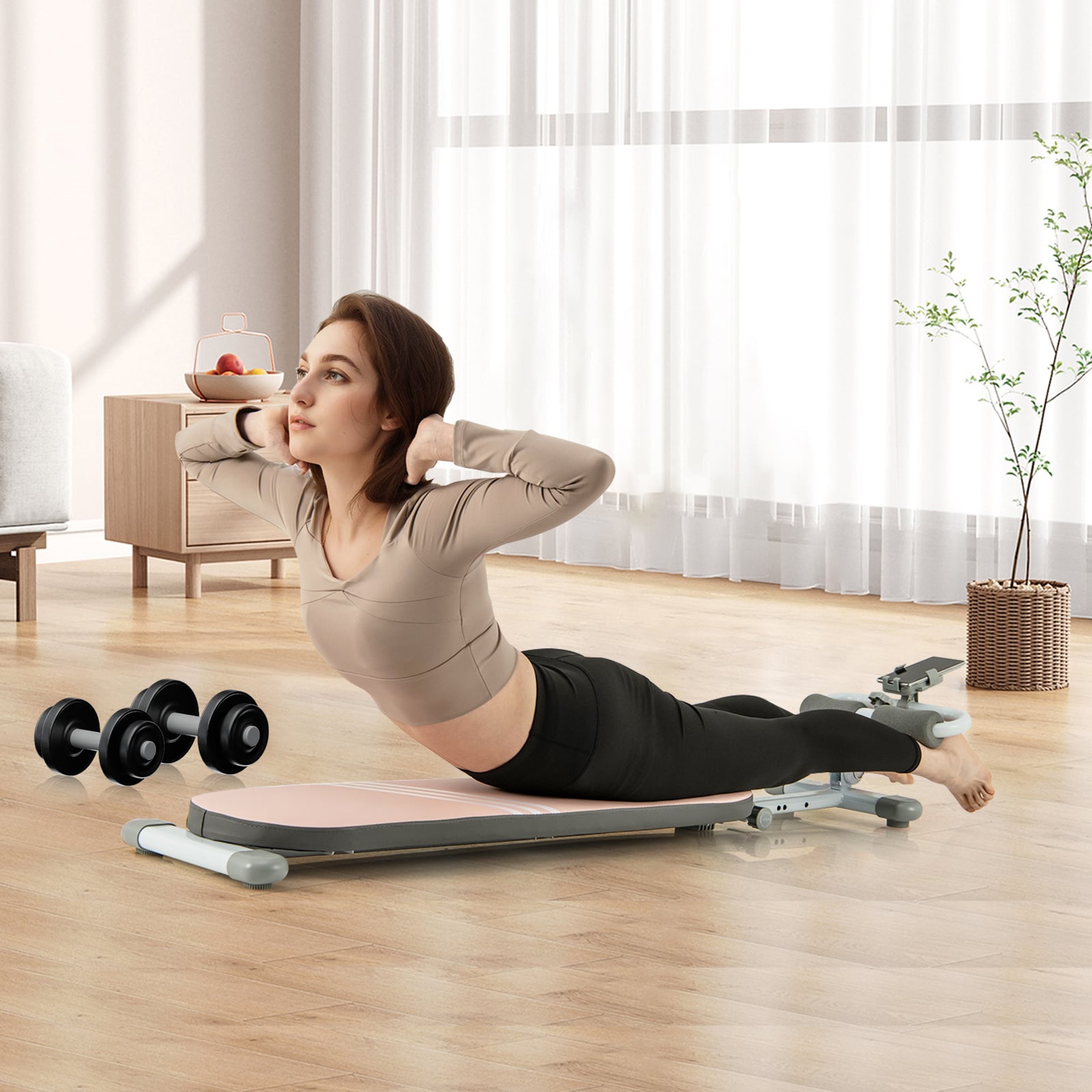 Multifunctional Sit Up Bench with 3 Gear Adjustable Angles and Length-Pink