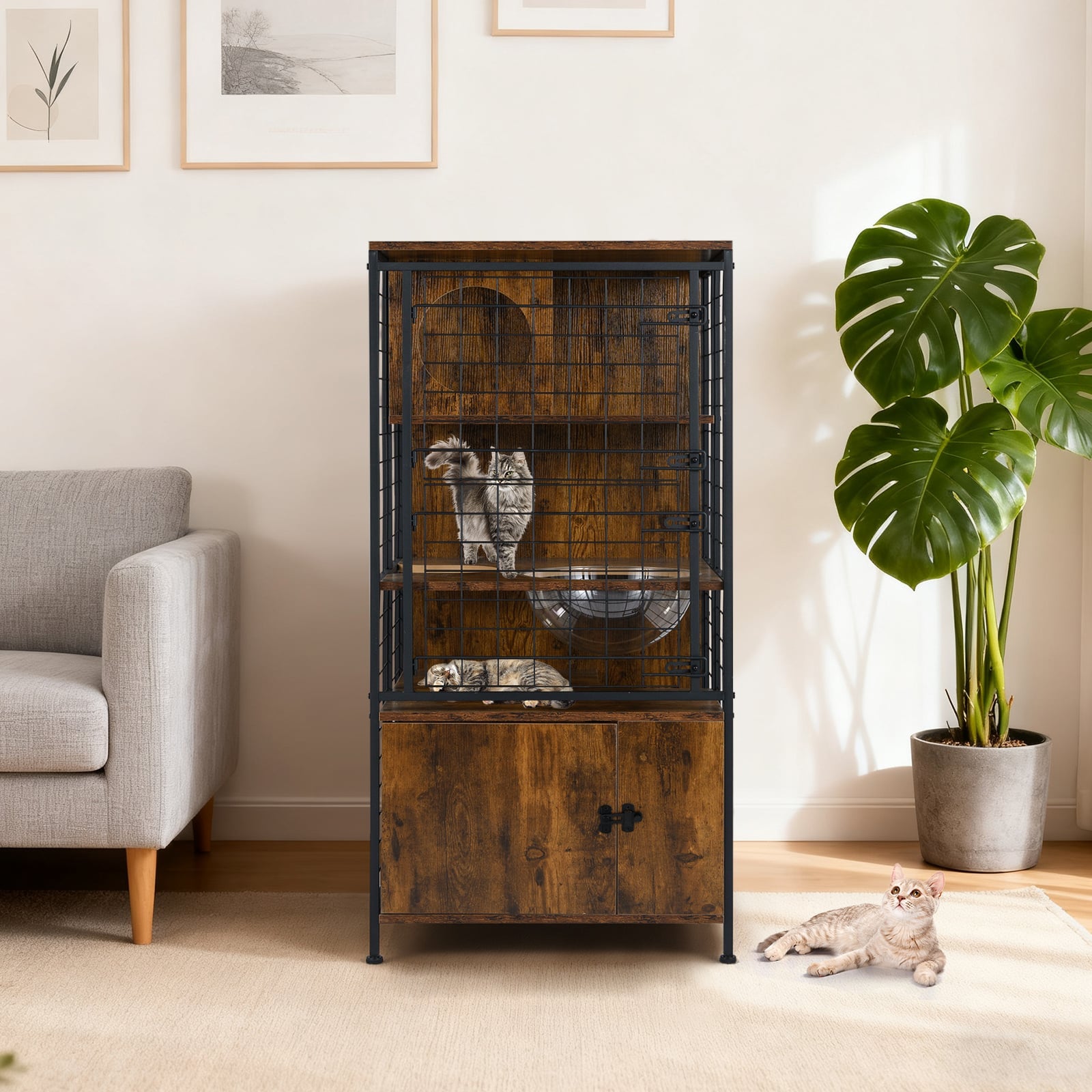 Multi-level Cat Cabinet Cage Metal Frame with Cat Bowel and Cabinet