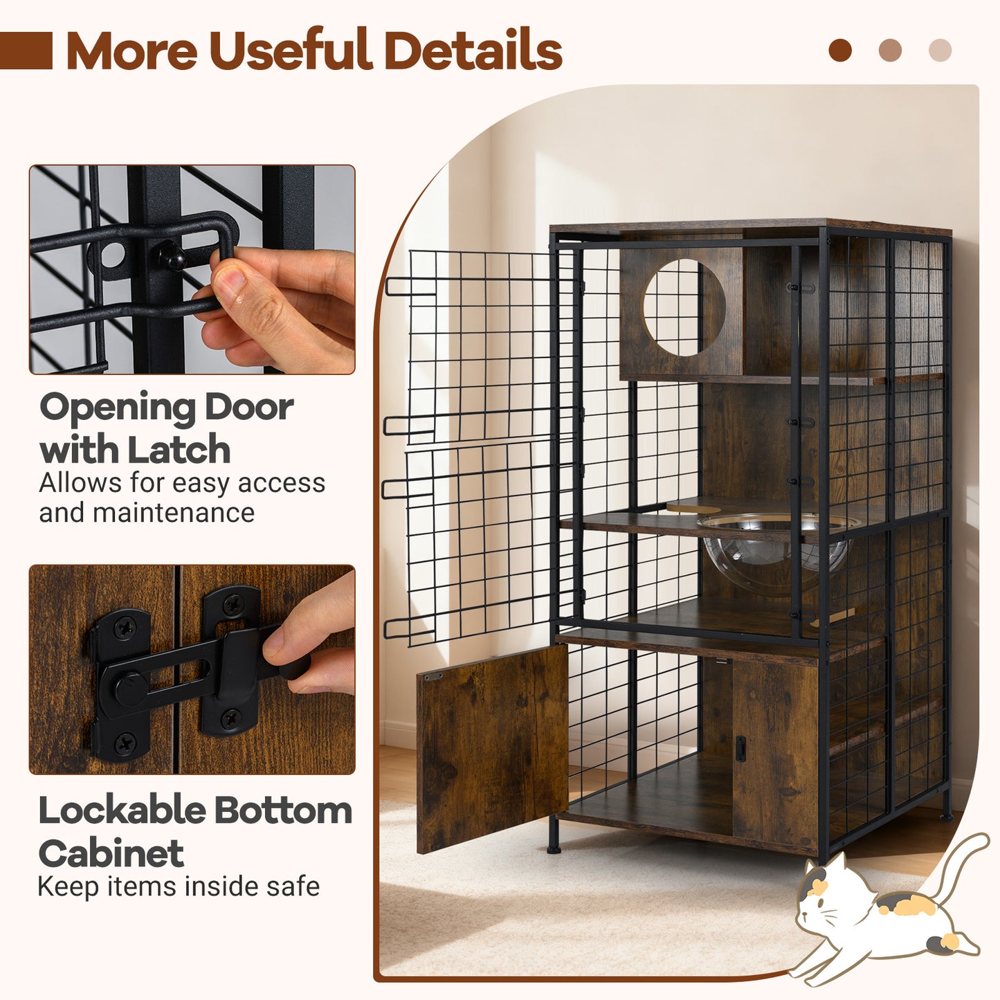Multi-level Cat Cabinet Cage Metal Frame with Cat Bowel and Cabinet