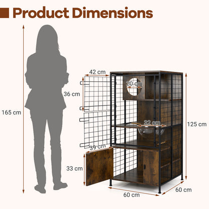 Multi-level Cat Cabinet Cage Metal Frame with Cat Bowel and Cabinet