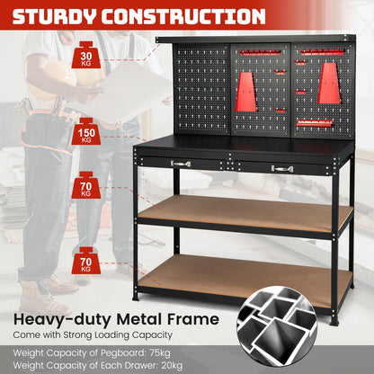 Multipurpose Garage Worktable with Pegboard and Drawers-Black