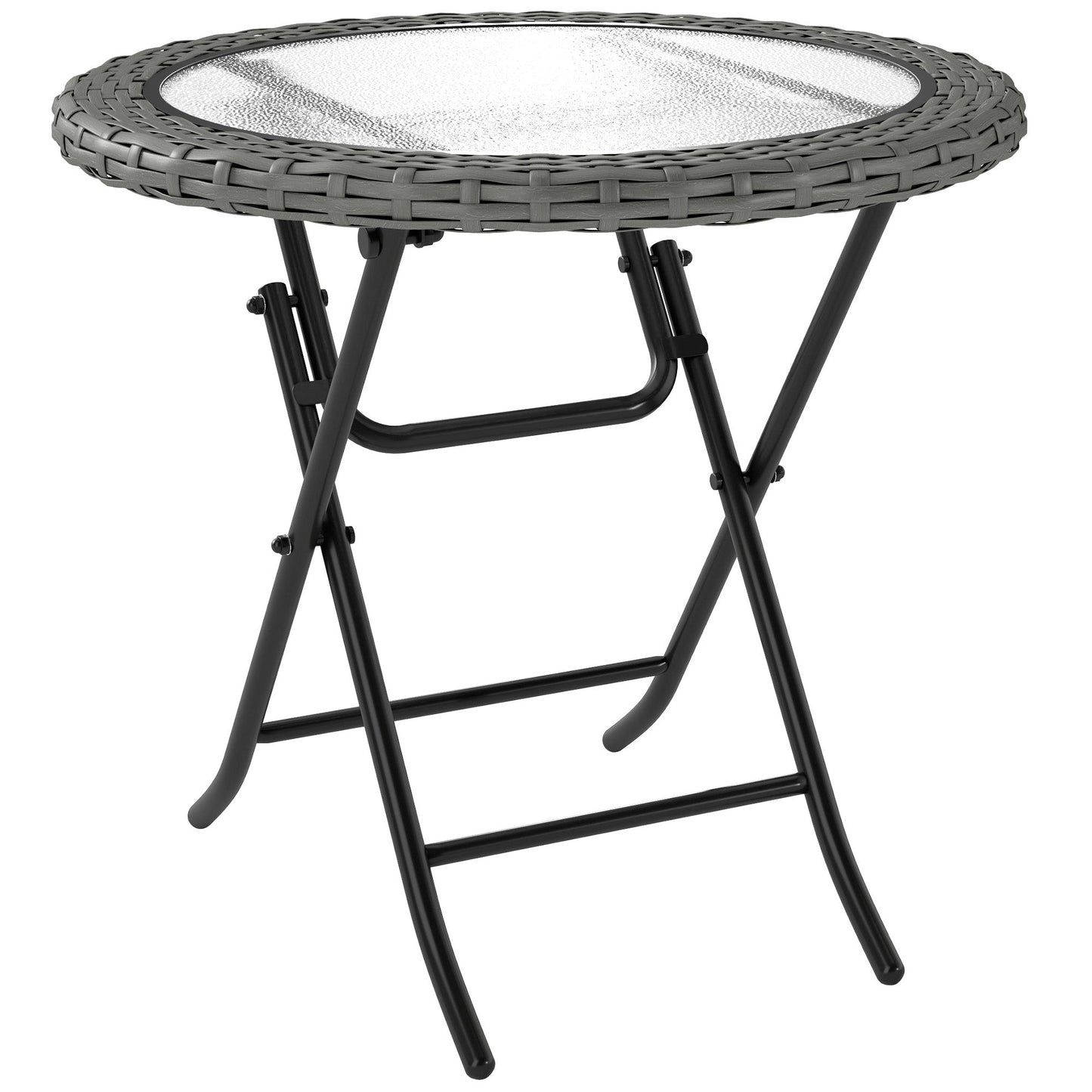 Outsunny Folding Rattan Garden Dining Table, 68 cm Round Rattan Garden Table with Water Ripple Tempered Glass Top, Wicker Edging and Steel Frame for Outdoor, Patio, Grey
