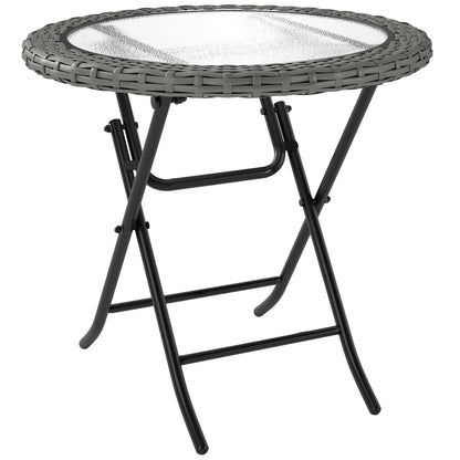 Outsunny Folding Rattan Garden Dining Table, 68 cm Round Rattan Garden Table with Water Ripple Tempered Glass Top, Wicker Edging and Steel Frame for Outdoor, Patio, Grey
