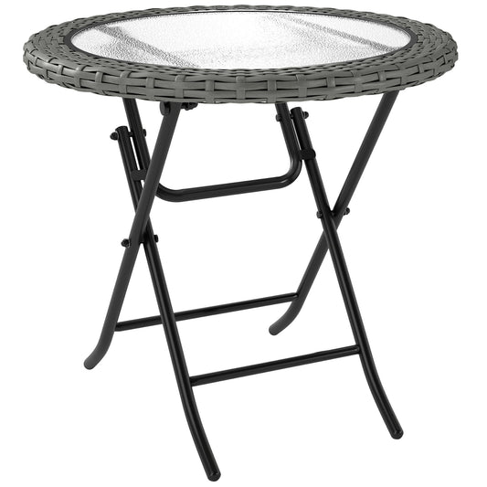 Outsunny Folding Rattan Garden Dining Table, 68 cm Round Rattan Garden Table with Water Ripple Tempered Glass Top, Wicker Edging and Steel Frame for Outdoor, Patio, Grey
