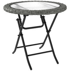 Outsunny Folding Rattan Garden Dining Table, 68 cm Round Rattan Garden Table with Water Ripple Tempered Glass Top, Wicker Edging and Steel Frame for Outdoor, Patio, Grey