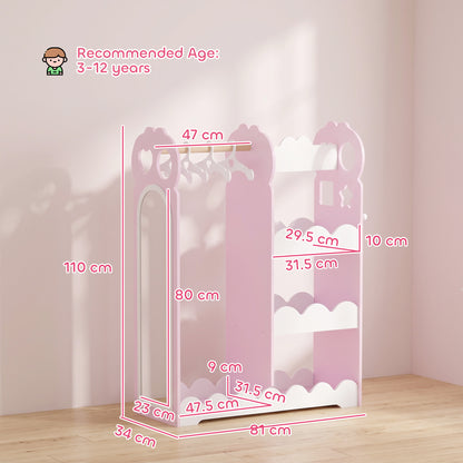 AIYAPLAY Kids Wardrobe, Children Dress Up Storage with Mirror, Clothes Rail, Shelves, Hangers for Girls Boys Bedroom Nursery Pink
