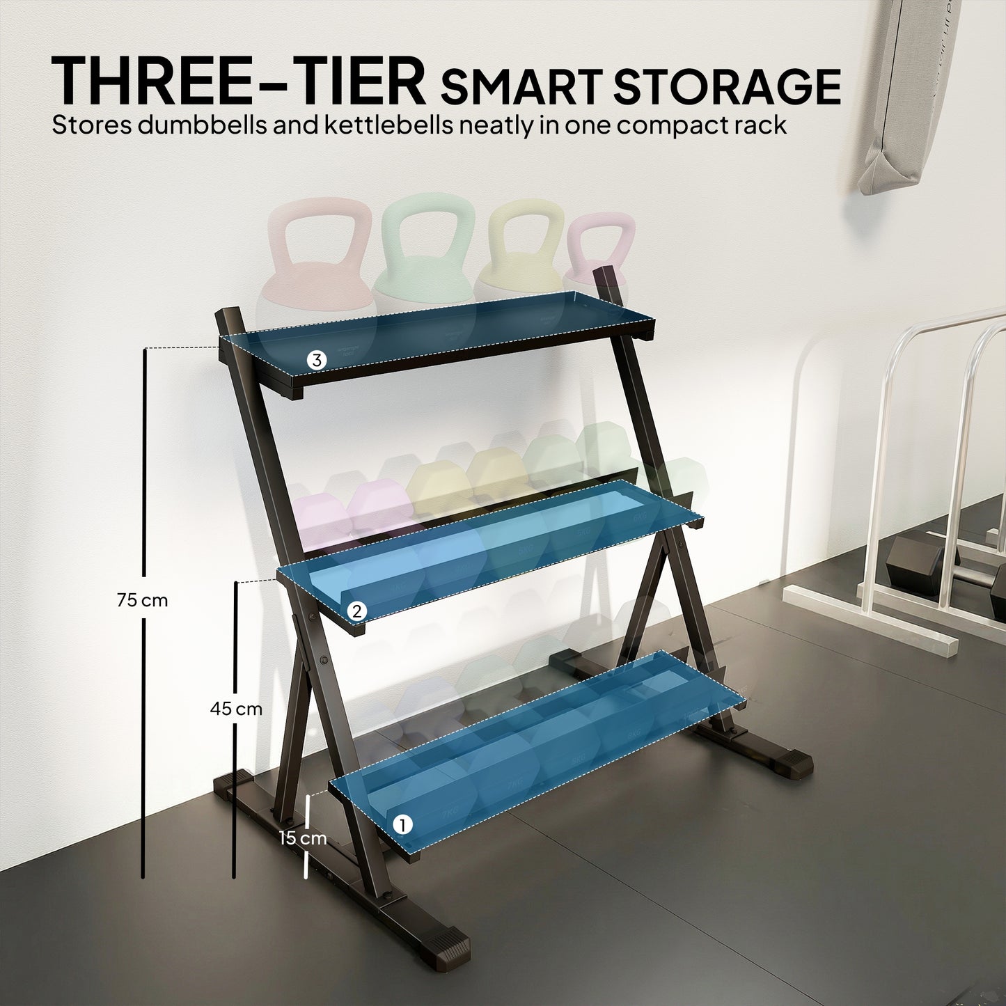 SPORTNOW 3-Tier Adjustable Dumbbell Rack, Heavy-Duty Weight Rack for Dumbbells, Kettlebells and Multiple Balls, Space-Saving Weight Storage Stand for Home Gym, 200 KG Capacity