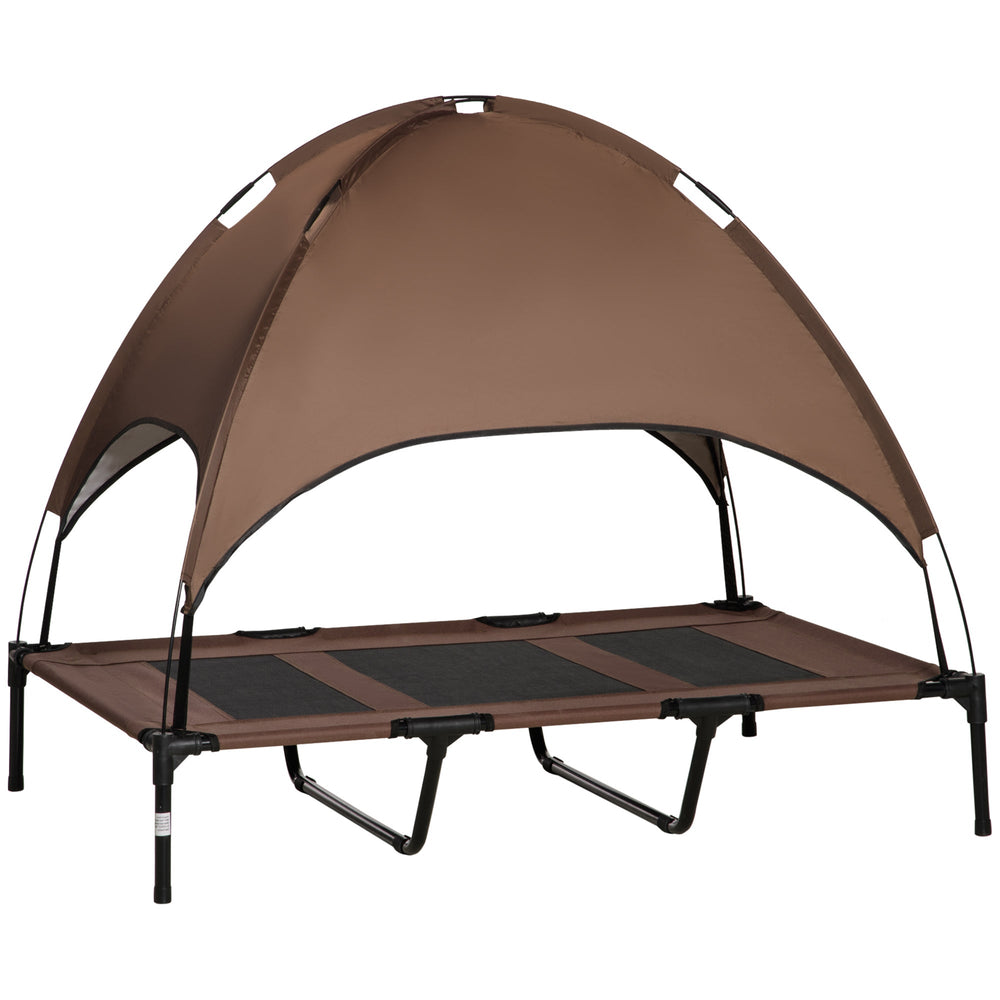 PawHut Outdoor Dog Bed with Removable Canopy, Portable Raised Dog Bed for Camping, Garden & Beach, Water-Resistant UV-Protection Mesh Pet Cot Sun Lounger, for XL Pets, 122 x 92 x 108 cm, Brown