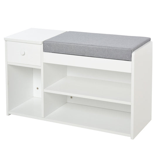 HOMCOM Multi-Storage Shoe Bench w/ Drawer 3 Compartments Cushioned Home Organisation Furniture Tidy Boots Hallway Entryway White