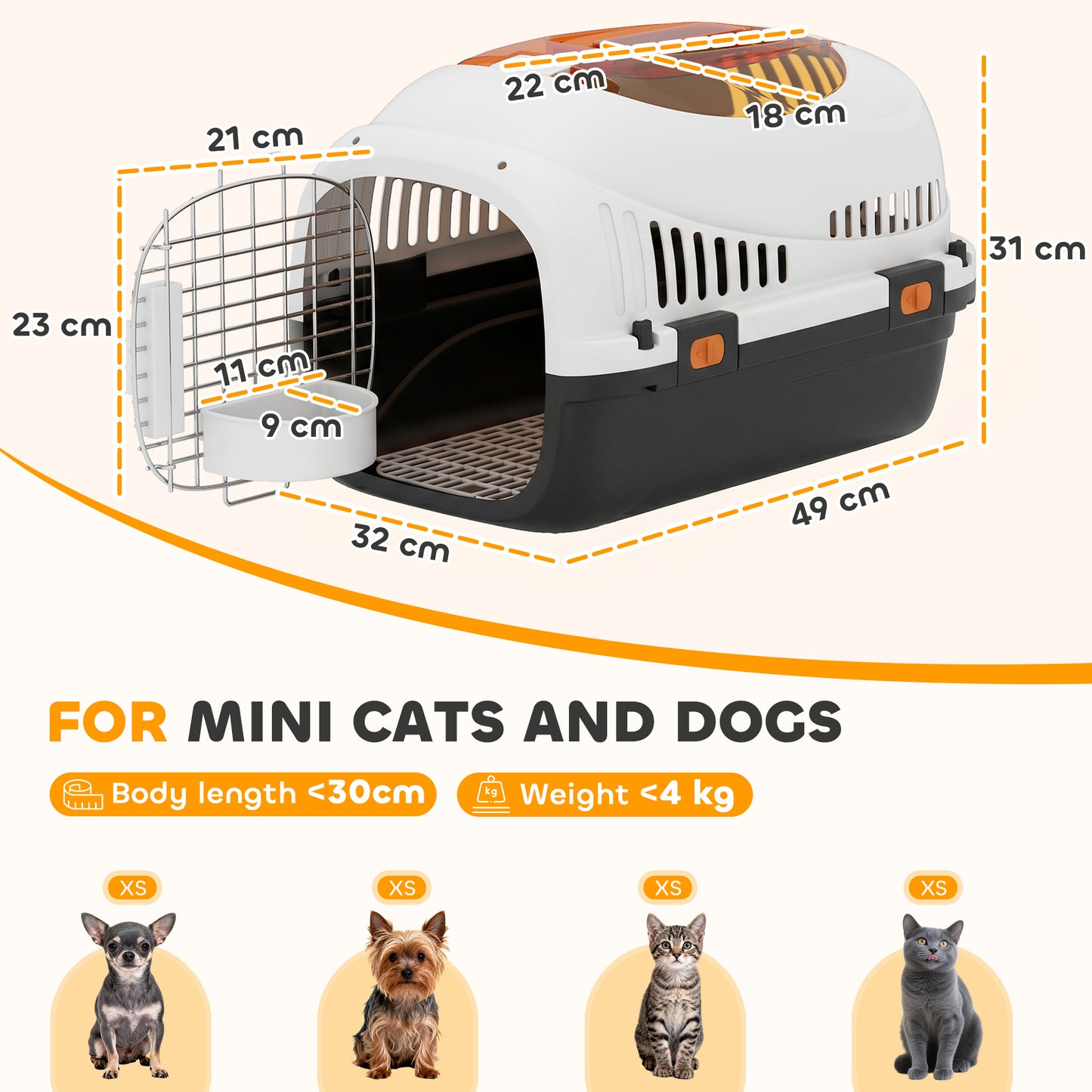 PawHut Plastic Pet Carrier Hard Shell Dog Cat Carrier Max 4 KG Steel Door Feed Bowl Secure Lock 49 x 32 x 31 cm