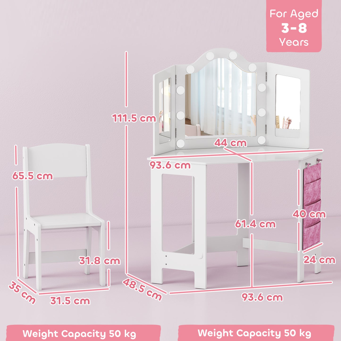 AIYAPLAY Kids Dressing Table and Stool Set, Girls Vanity Table with 2-Colour LED Lights, Tri-Folding Mirror, White