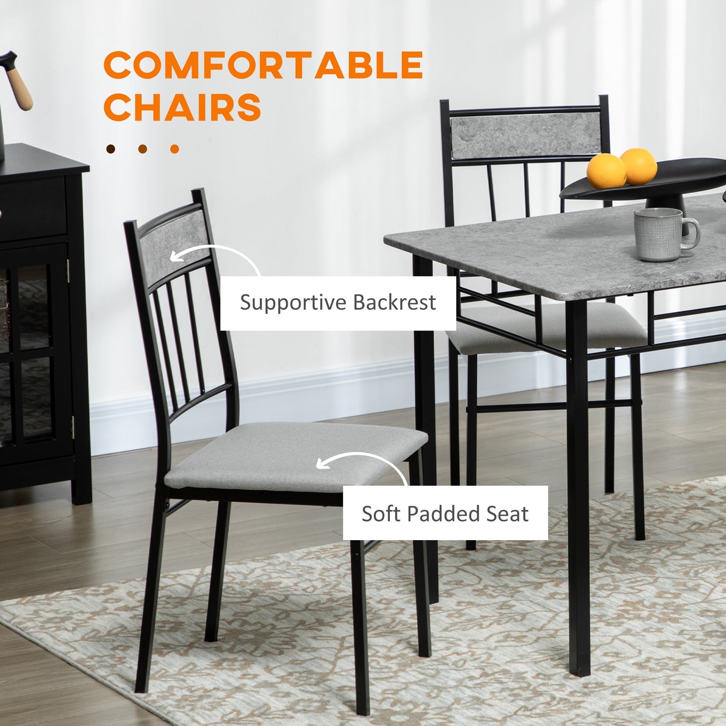 HOMCOM Five-Piece Marble Effect Dining Table Set - Grey/Black