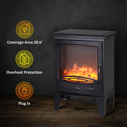 HOMCOM Tempered Glass Casing Electric Fireplace, Freestanding Electric Fire with Realistic Flame Effect, Log Burner with Overheat Protection, 950w/ 1850W, Black