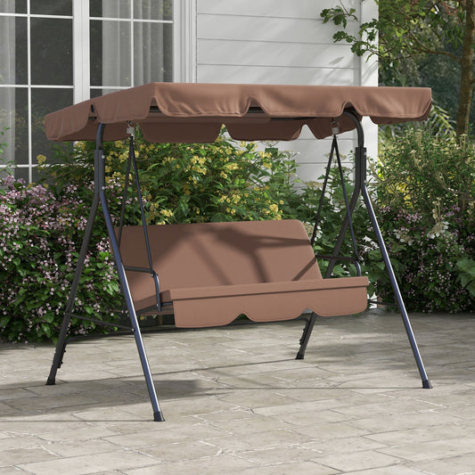 Outsunny 3 Seater Garden Swing Chair, Outdoor Swing Chair with Adjustable Canopy, Mental Frame & Cushions, Brown