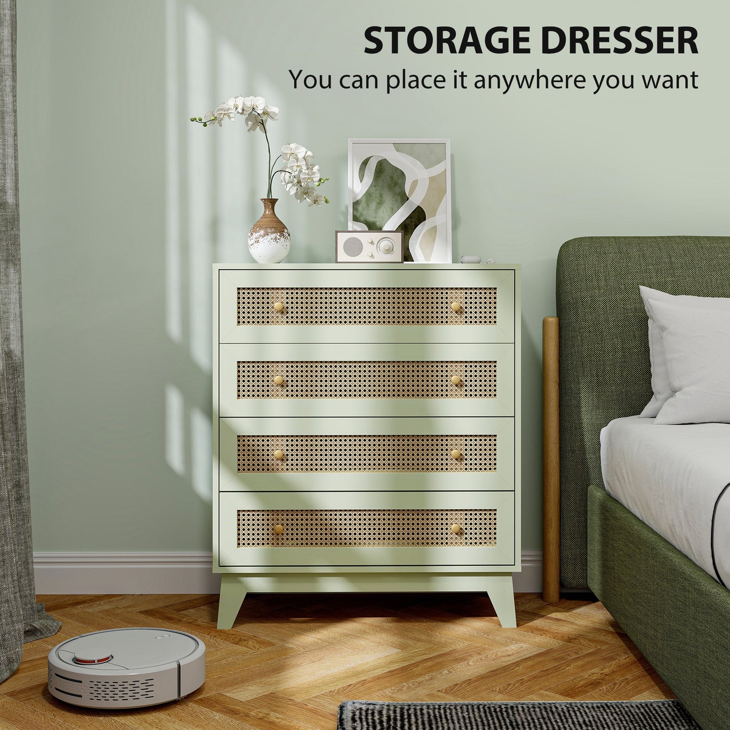 HOMCOM Chest of Drawers, 4-Drawer Storage Organiser Unit with Rattan Element for Bedroom, Living Room, Light Green