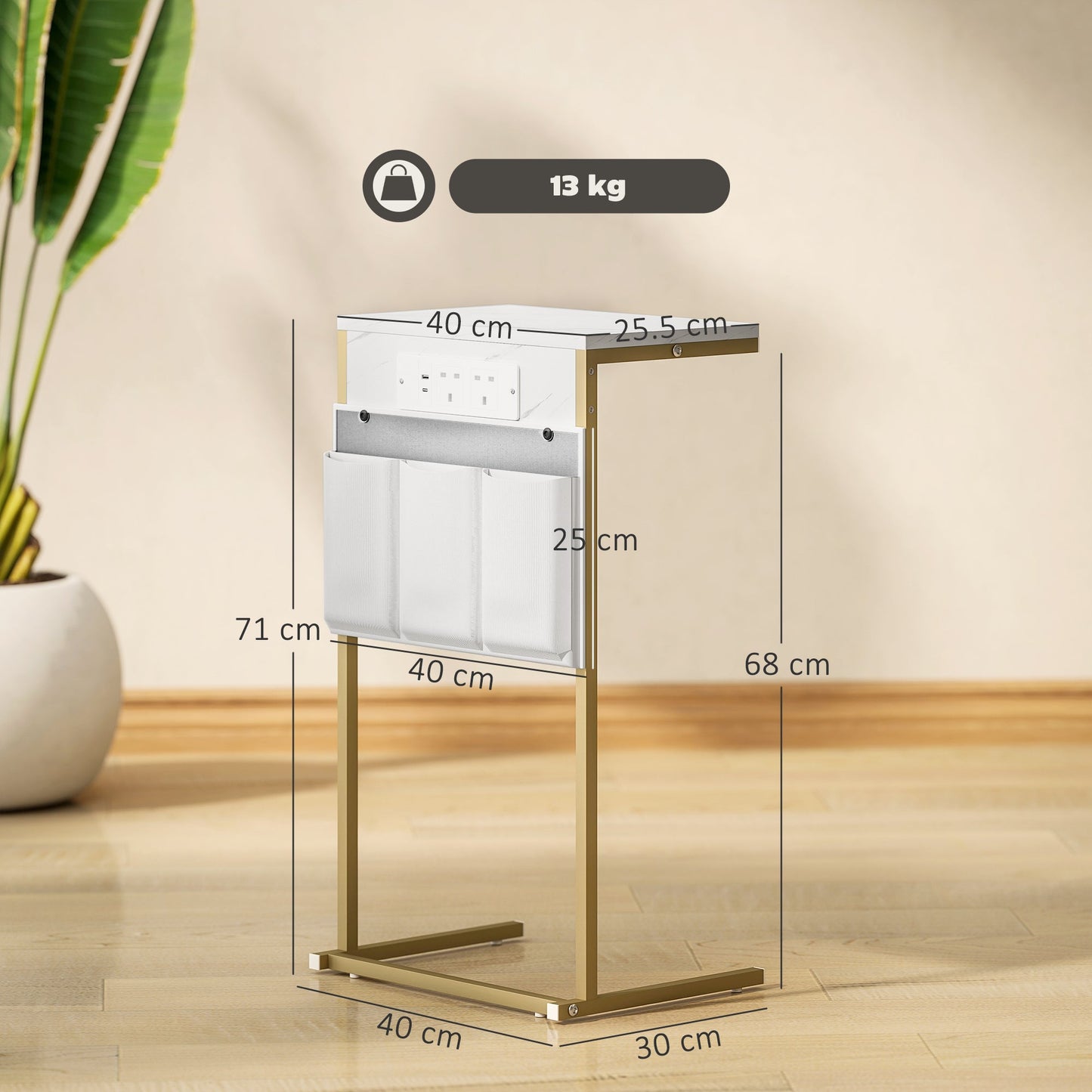 HOMCOM C-Shaped Bedside Table with Charging Station, Marble Grain Side Table with Power Outlets & USB Ports, Storage Bags, for Bedroom, Living Room, White