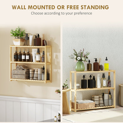 HOMCOM 3-Tier Bamboo Bathroom Storage Shelf, Wall-Mounted or Stand, Display Stand Shelving Unit with Adjustable Rack for Kitchen Bathroom Living Room, Natural