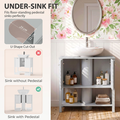 HOMCOM Under Sink Bathroom Cabinet with 2 Doors, Open Shelf and U-Shape Cut-Out for Basin with or without Pedestal, Light Blue