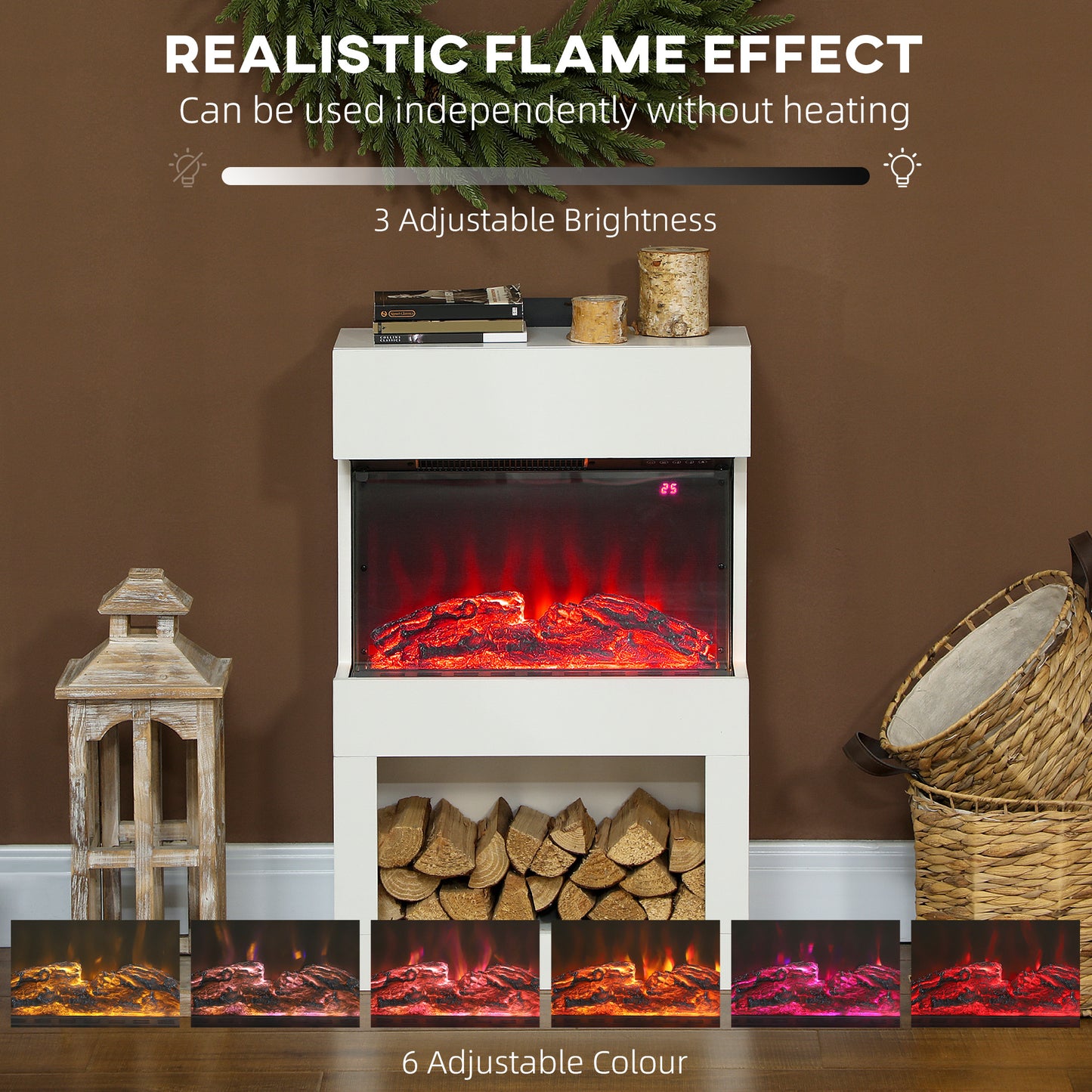 HOMCOM 19" Electric Fireplace with Surround, 3D Flame Effect, 6 Colours & 3 Brightness Levels, 1000W/2000W White Electric Fire and Mantel Reach up to 30ã¡ Space with Remote & Timer, 3 Sided View