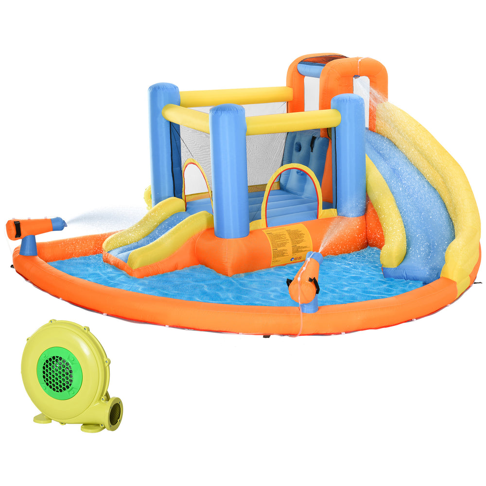 AIYAPLAY 5 in 1 Bouncy Castle for Children, Inflatable Bounce House with Dual Slides, Pool, Climbing Wall, Water Cannons, Blower