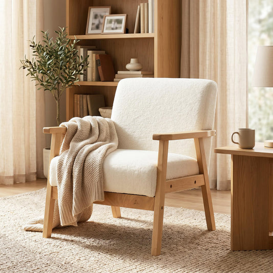 HOMCOM Modern Armchair, Sherpa Fleece Upholstered Accent Chair with Solid Wood Legs and Wide Seat, Cream White