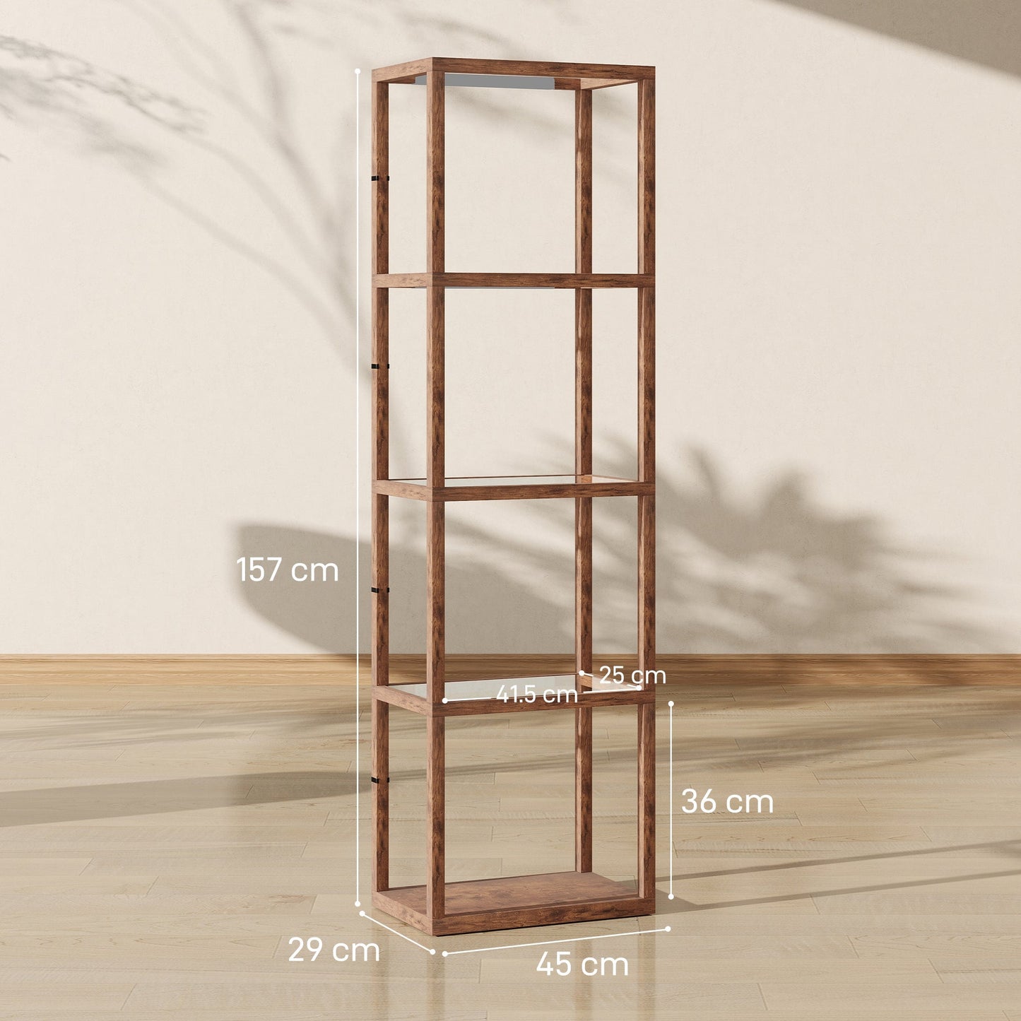 HOMCOM LED Floor Lamp with Glass Shelves, 4 Layers Dimmable Tall Standing Lamp, Modern Column Shelf Floor Light for Living Room, Bedroom, Office, Rustic Brown