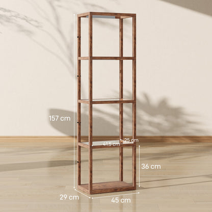 HOMCOM LED Floor Lamp with Glass Shelves, 4 Layers Dimmable Tall Standing Lamp, Modern Column Shelf Floor Light for Living Room, Bedroom, Office, Rustic Brown