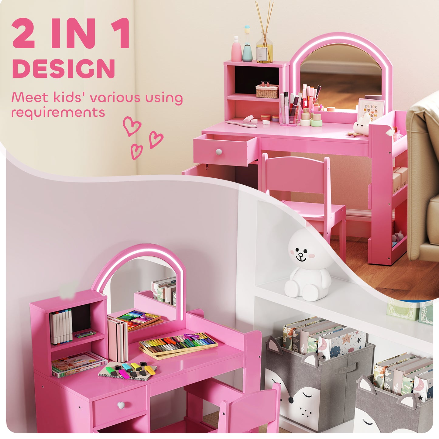 AIYAPLAY Kids Vanity Table and Chair Set, Girls Dressing Table with 2-Colour LED Mirror, Stool, Cabinet, Drawer, Shelves, Pink