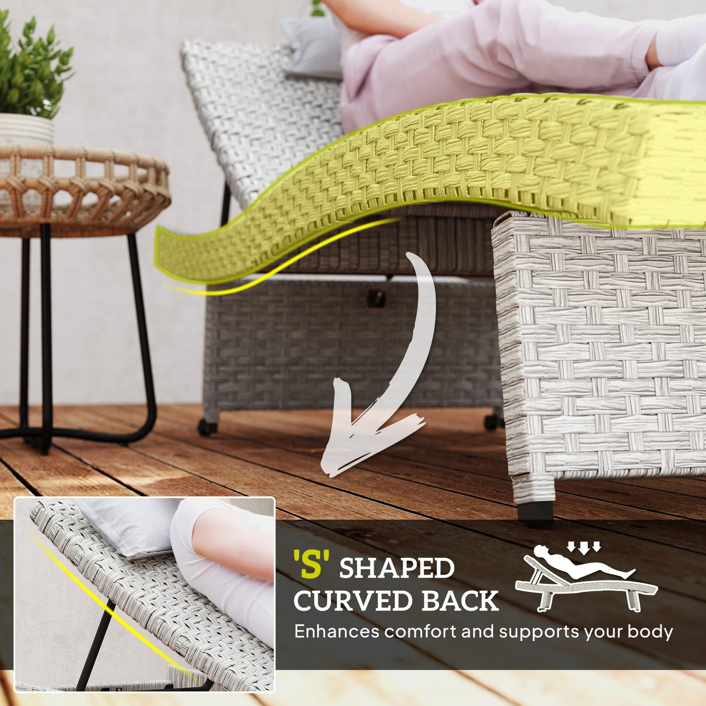 Outsunny Outdoor PE Rattan Sun Lounger, Folding Wicker Garden Lounger Recliner with 4-Level Adjustable Backrest, Rolling Sunbed Lounge Chair with Wheels, Non-Slip Legs for Balcony, Beach, Grey