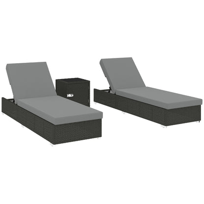Outsunny Rattan Sun Loungers Set of 2 with Side Table, Garden Recliner Sunbeds with Adjustable Back, Cushions, Dark Grey