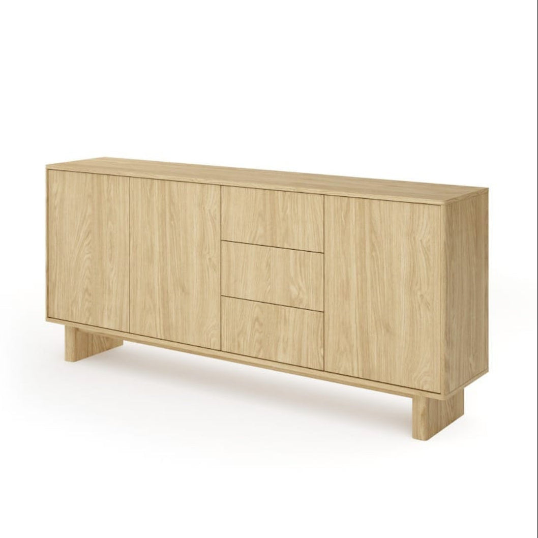 Wooden sideboard with two doors on a white background