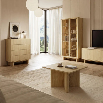 Modern living room with wooden furniture including a cabinet, table, and shelves.