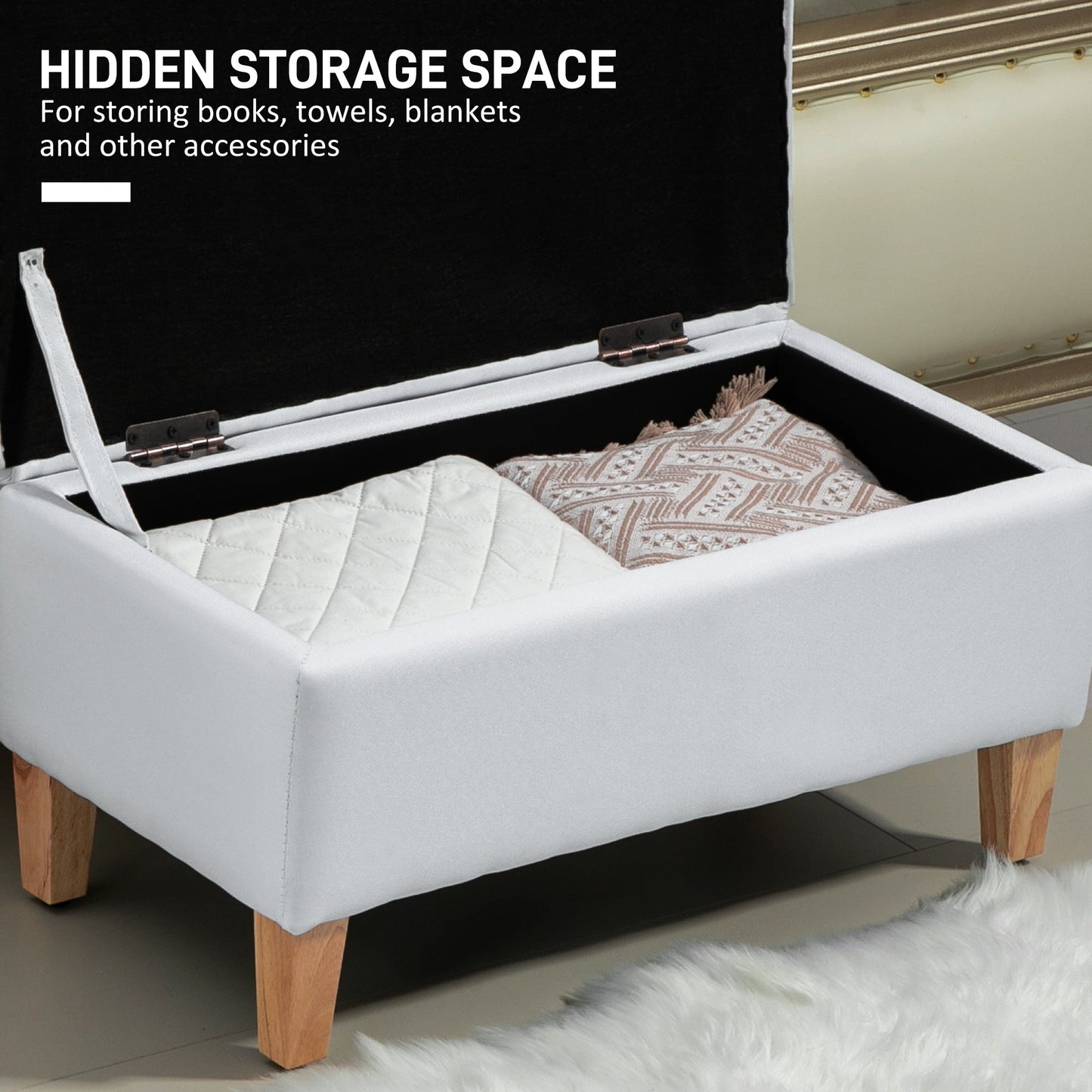 HOMCOM 30L Linen Storage Ottoman Padded Footstool with Rubberwood Legs for Storage Box, Bed End, Shoe Bench, Seating, Cream White