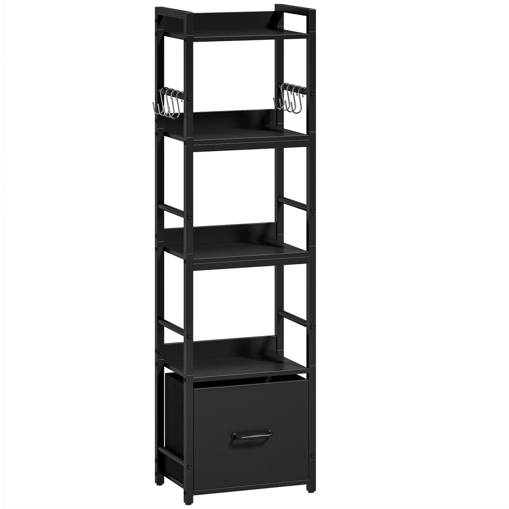 HOMCOM 4-Tier Bookshelf, Narrow Bookcase with Drawer, 8 Hooks, Metal Frame, Black