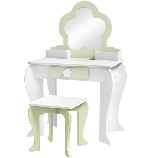 ZONEKIZ Kids Vanity Table with Mirror and Stool, Drawer, Storage Boxes, Flower Design, for Ages 3-6 Years - White