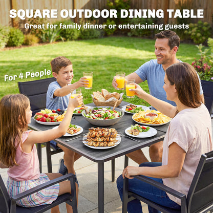 Outsunny Garden Dining Table for 4, 85 cm Square Outdoor Table with Umbrella Hole, Faux Wood Top, Metal Legs, Dark Grey