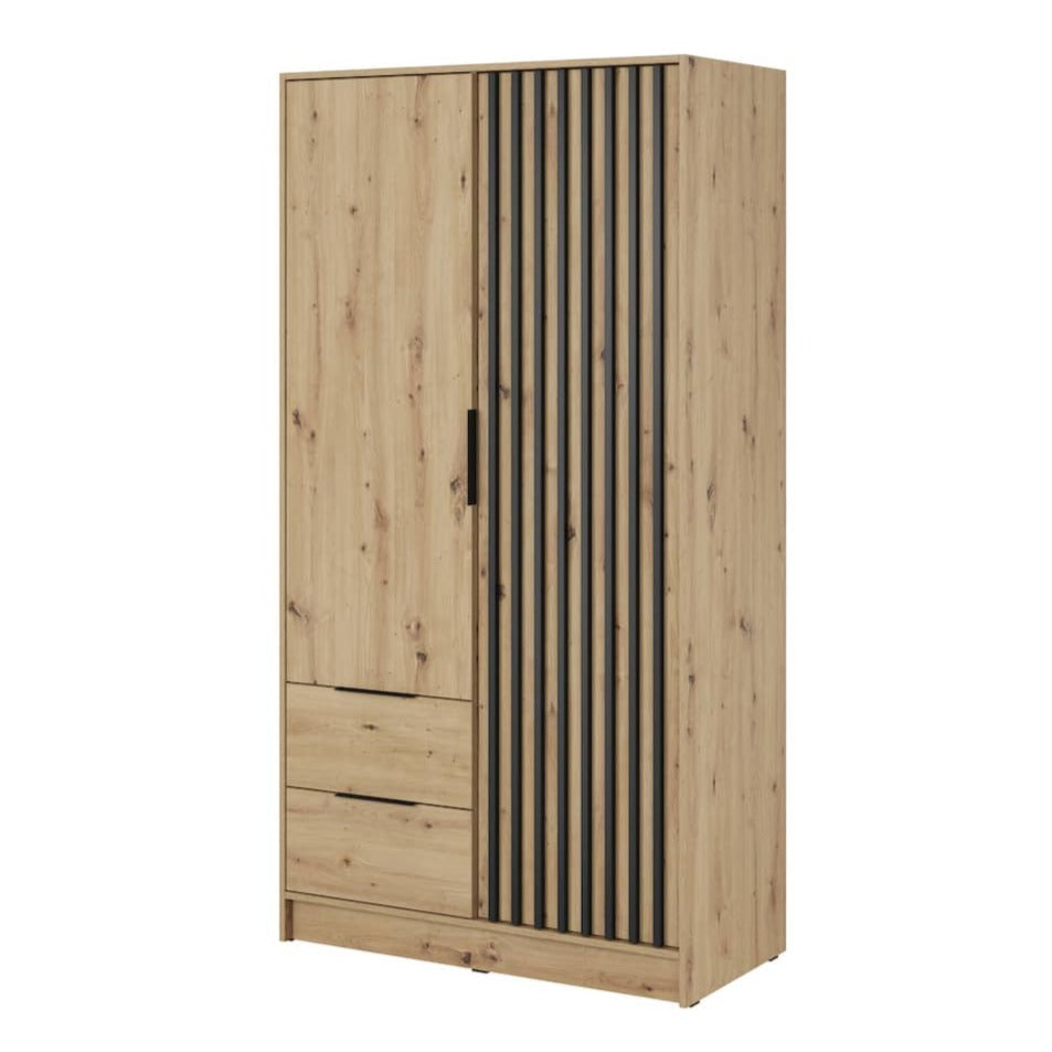 Wooden wardrobe with striped design on a white background