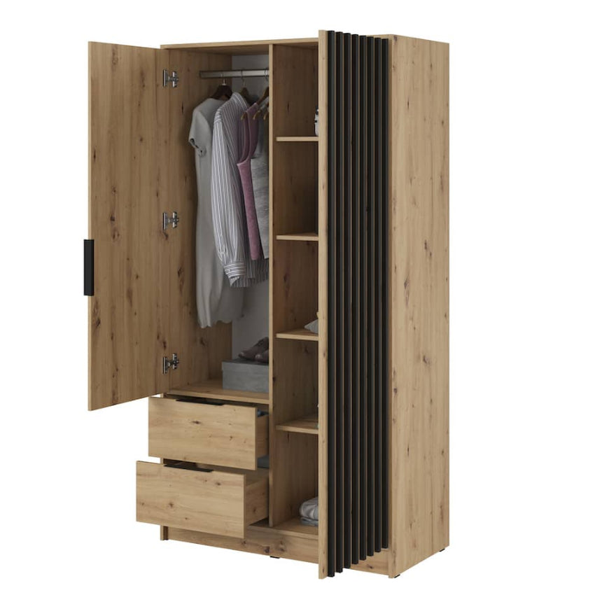 Wooden wardrobe with open doors showing clothes and shelves on a white background
